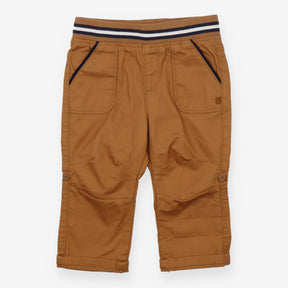 Brown chino trousers with navy stripes