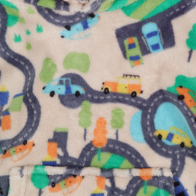 Brown fleece hoodie with road and car print