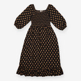 Maxi Dress Black Leaf Print Shirred Bodice
