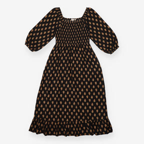 Maxi Dress Black Leaf Print Shirred Bodice