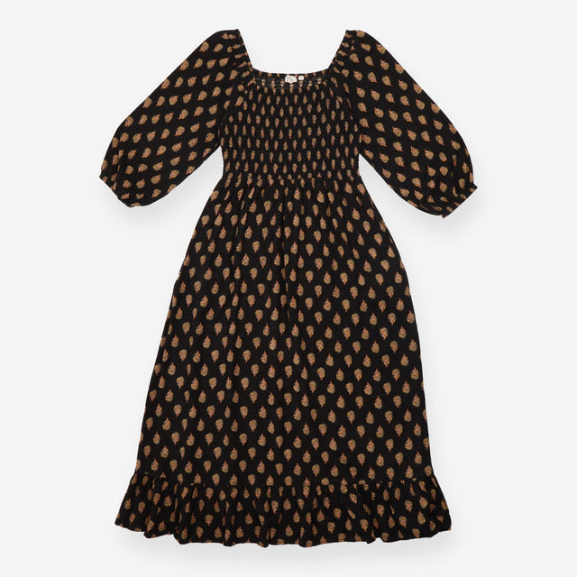 Maxi Dress Black Leaf Print Shirred Bodice
