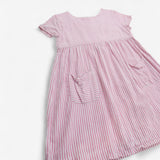 Cotton dress short sleeve white pink stripe pocket