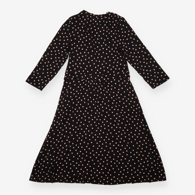 Midi Dress Black Pink Polka Dot Long Sleeve Gather