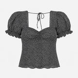 Crop Top Black White Print Puff Sleeve Sweetheart 