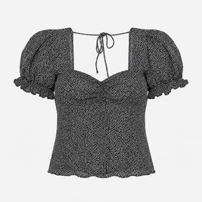 Crop Top Black White Print Puff Sleeve Sweetheart 