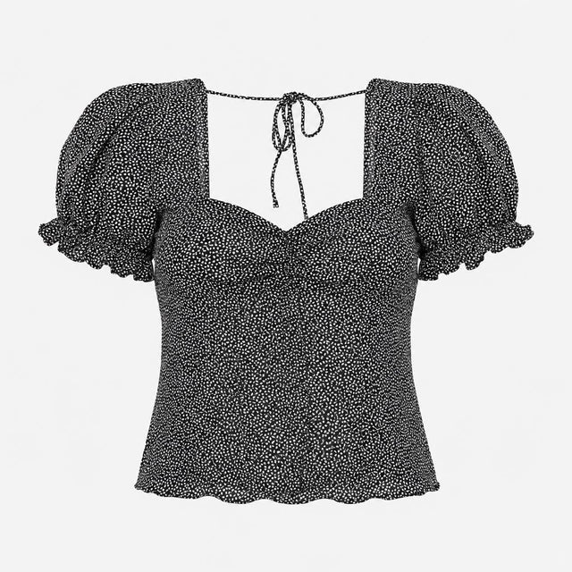 Crop Top Black White Print Puff Sleeve Sweetheart 