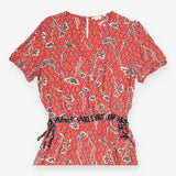 Jumpsuit Brick Red Patterned Short Sleeve Wrap Fro
