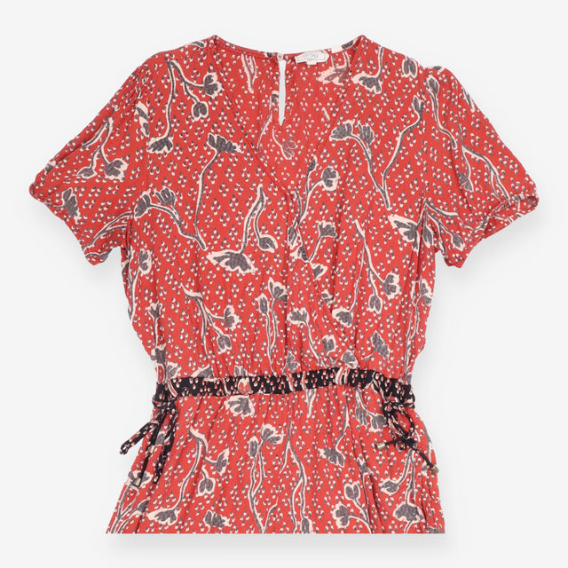 Jumpsuit Brick Red Patterned Short Sleeve Wrap Fro
