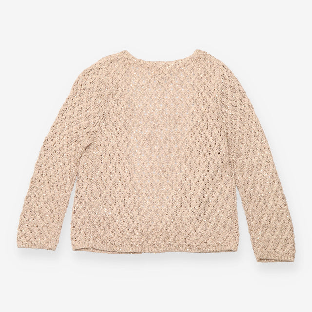 Cardigan Taupe Openwork Crochet Knit Sequin Embell
