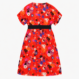 Red Multicoloured Floral Print V-Neck Midi Dress