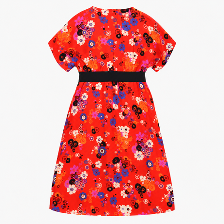 Red Multicoloured Floral Print V-Neck Midi Dress