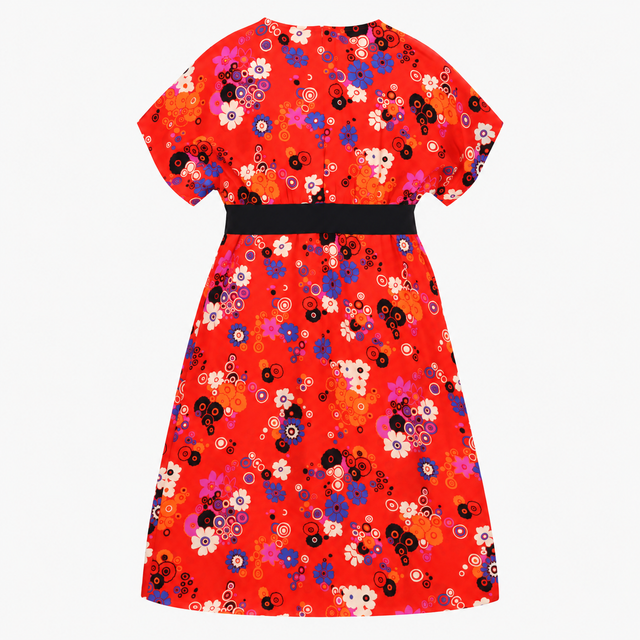 Red Multicoloured Floral Print V-Neck Midi Dress