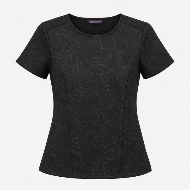 Black Embossed 3D Floral Textured Stretch Short Sl