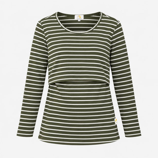 Top Khaki Green White Striped Nursing Breastfeedin