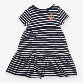 Blue and white striped dress with flower embroider