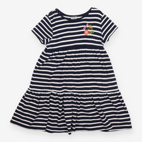 Blue and white striped dress with flower embroider