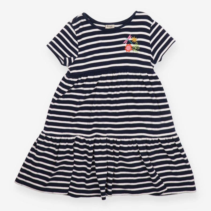 Blue and white striped dress with flower embroider