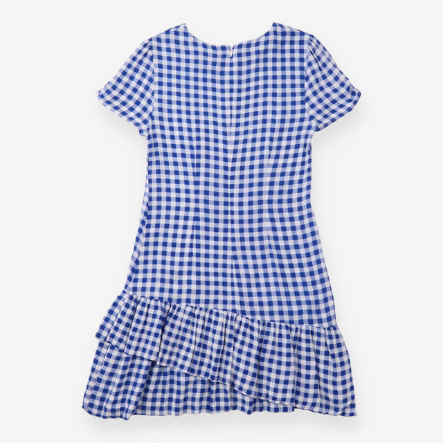 Mini Dress Blue White Gingham Check Ruffle Hem