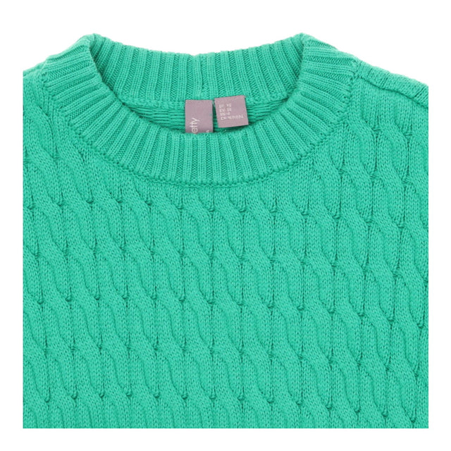 Cable Crew Sweater Green with Ribbed Collar