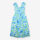 Blue Floral Sleeveless Pleated Bodice Sundress