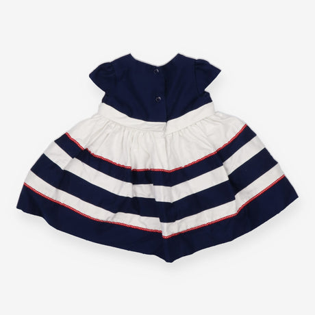 Dress SS blue white stripe skirt red bow