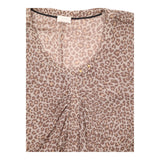 Top Brown Leopard Print Studded Neck Short Sleeve