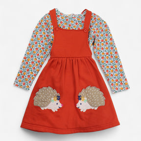 Pinafore dress and t-shirt orange with hedgehogs