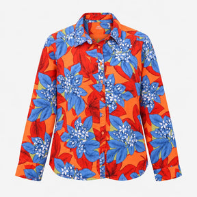 Shirt Orange Blue Floral Print Linen Blend Long Sl