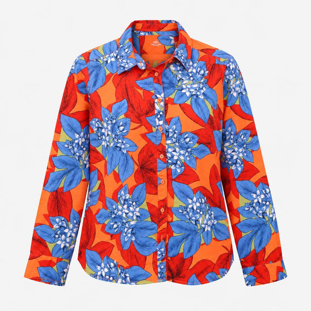 Shirt Orange Blue Floral Print Linen Blend Long Sl