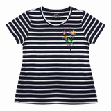 T-Shirt Striped Embroidered Floral Short Sleeve Na