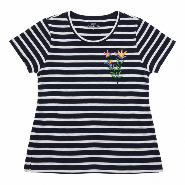 T-Shirt Striped Embroidered Floral Short Sleeve Na