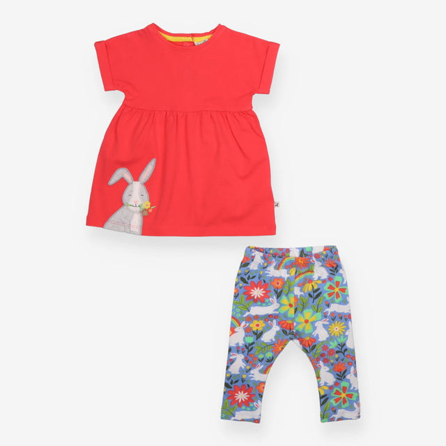 Outfit pink tee SS rabbit blue leggings flowers 