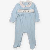 Blue velour smocked sleepsuit boats