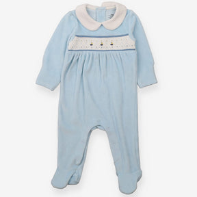 Blue velour smocked sleepsuit boats