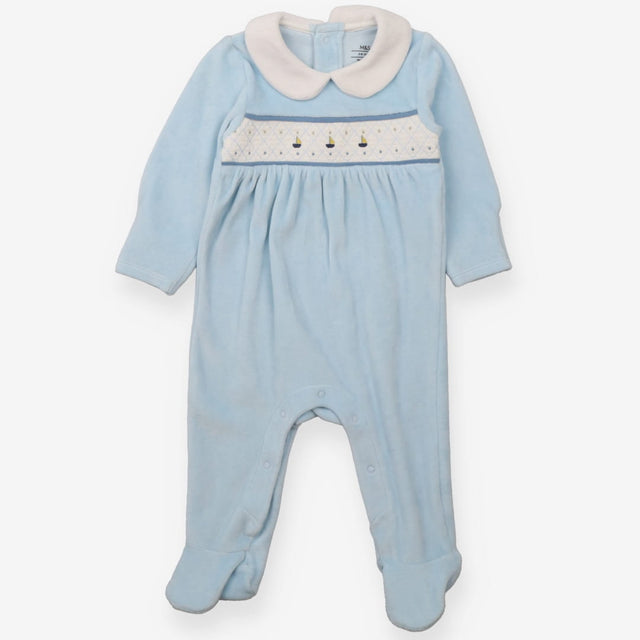 Blue velour smocked sleepsuit boats
