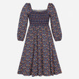 Navy Blue Ditsy Floral Print Smocked Shirred Bodic