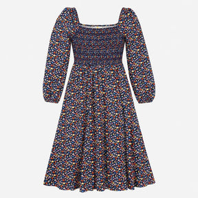 Navy Blue Ditsy Floral Print Smocked Shirred Bodic