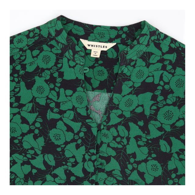 Floral Smock Dress Green Black Long Sleeve