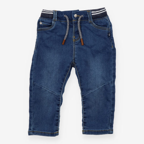 Denim pull on jeans with tie waist