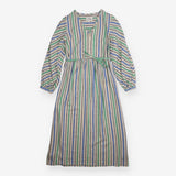 Midi Dress Green Blue Striped Linen Blend Metallic