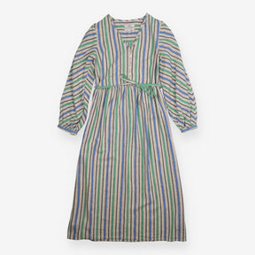 Midi Dress Green Blue Striped Linen Blend Metallic