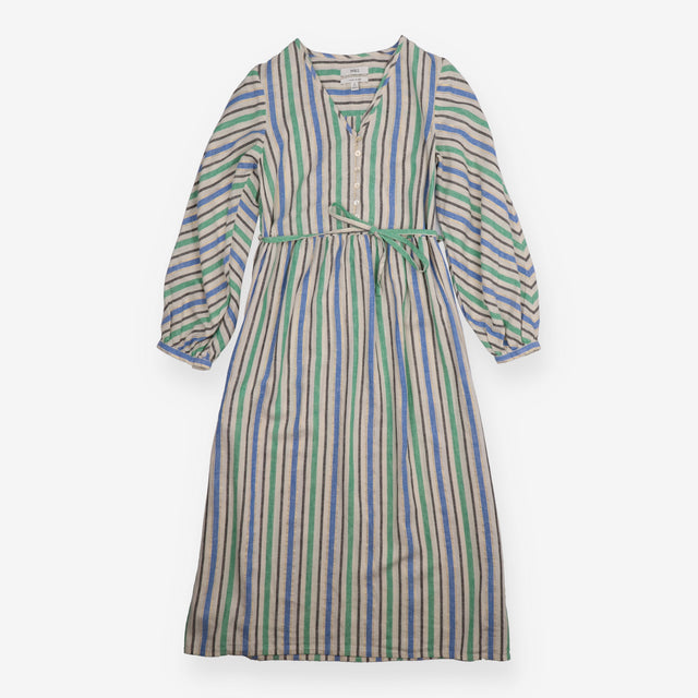 Midi Dress Green Blue Striped Linen Blend Metallic