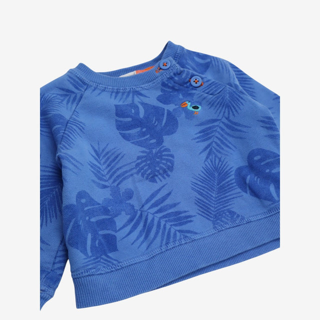 Blue Palm Leaves Sweater with Applique Bird