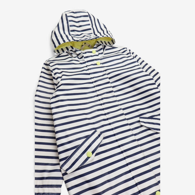 White and navy striped hooded coat