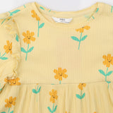 Yellow ribbed jersey dress with orange flowers