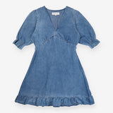 Mini Dress Blue Organic Cotton Puff Shoulder Ruffl