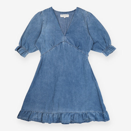 Mini Dress Blue Organic Cotton Puff Shoulder Ruffl