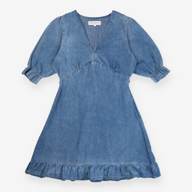Mini Dress Blue Organic Cotton Puff Shoulder Ruffl