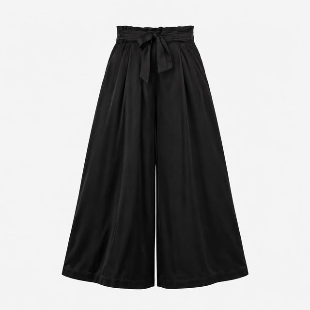 Trousers Black Wide Leg Tie Waist Satin Finish