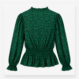 Blouse Green Animal Print Shirred Waist Long Sleev